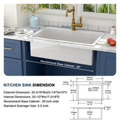 Lordear 33" White Drop In Kitchen Sink Fireclay