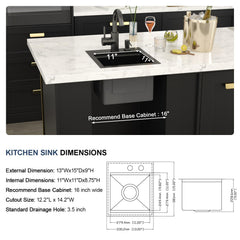 Lordear 13x15 Inch Matte Black Drop-In Workstation Bar Sink