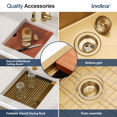 Lordear 15'' Brushed Gold Stainless Steel Undermount Workstation Bar & Prep Sink