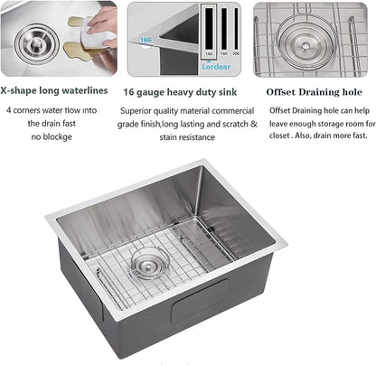 Lordear 21 Laundry Sink 21"/ 23" x 18" x 12"  Undermount Utility Sink Single Bowl Sink 16 Gauge Stainless Steel Sink Deep Laundry Room Sink  from Lordear