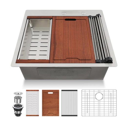 Lordear 25'' Single Bowl Topmount Stainless Steel Workstation Kitchen Sink