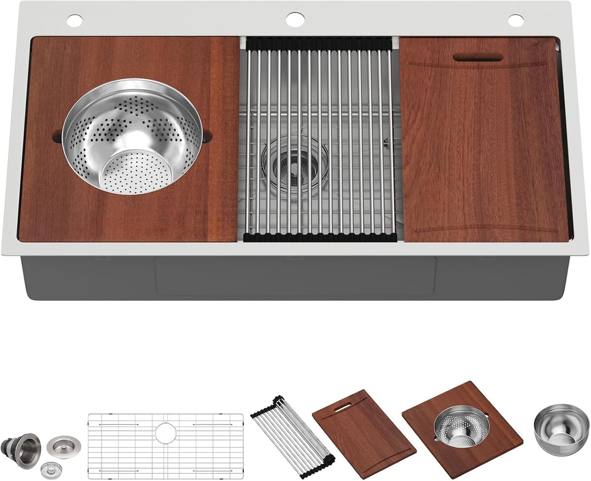 Lordear 39x22 Inch Single Bowl Stainless Steel Drop In Workstation Kitchen Sink with Mixing Bowl