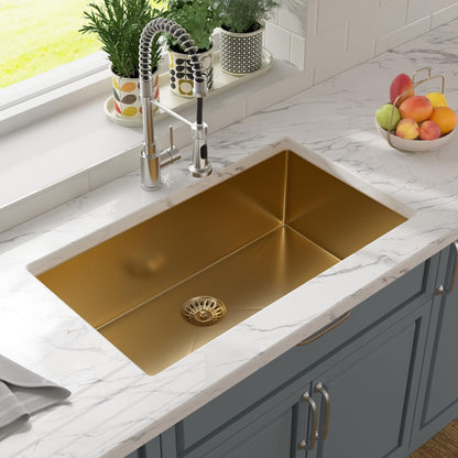 Lordear 32in Undermount Kitchen Sink 32 Inch Kitchen Sink Undermount Matte Gold 16 Gauge Stainless Steel Deep Single Bowl Kitchen Sink Basin Handmade  from Lordear