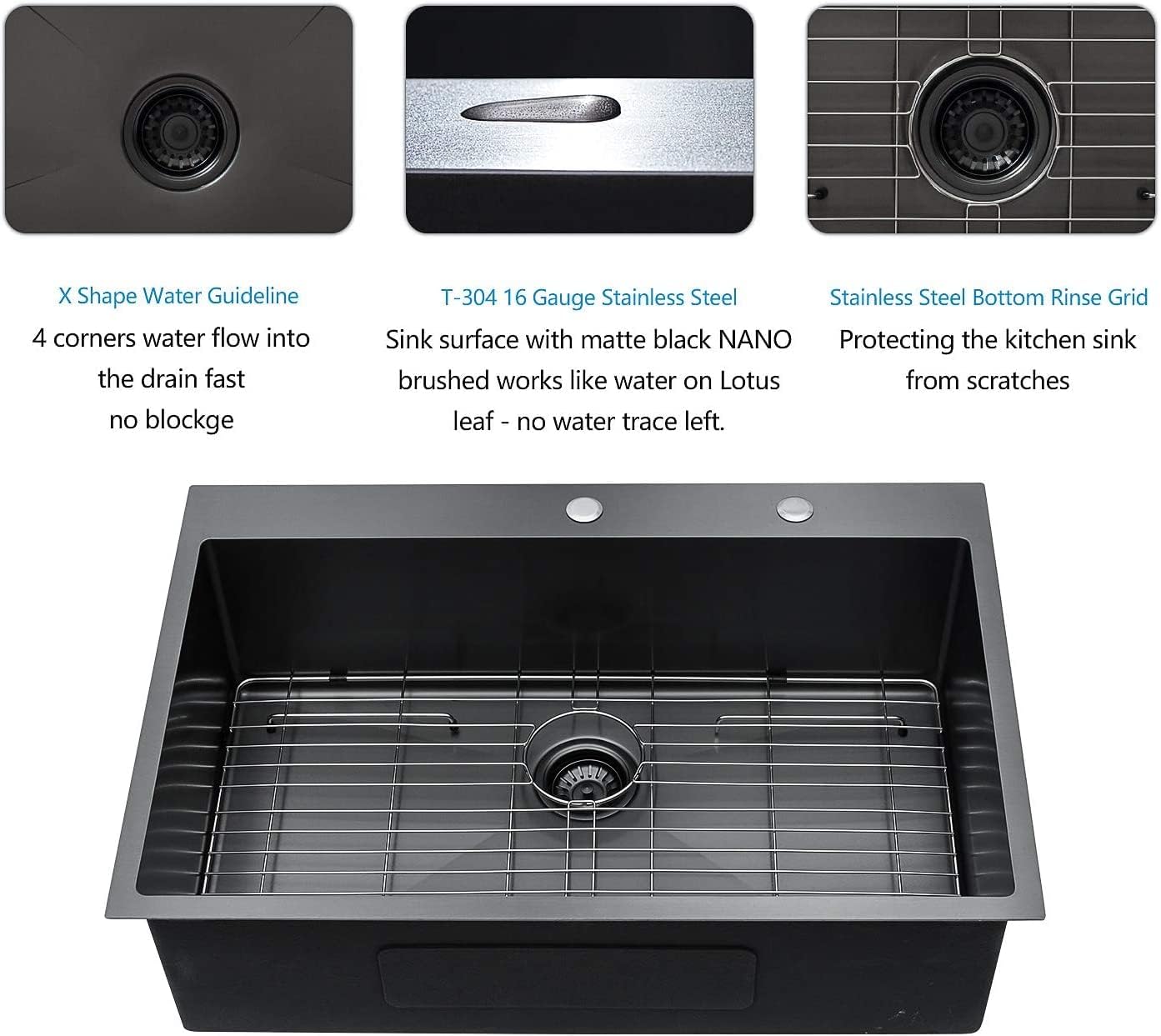 Lordear Stainless Steel Gunmetal Black Drop-in Single Bowl Kitchen Sink