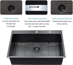 Lordear Stainless Steel Gunmetal Black Drop-in Single Bowl Kitchen Sink