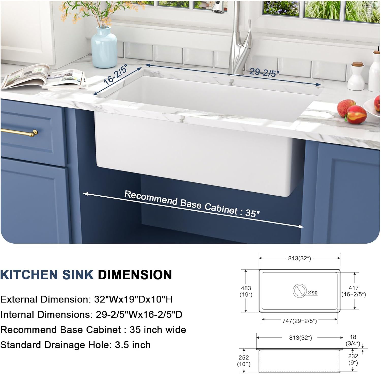 Lordear 32'' White Ceramic Undermount Single Bowl Kitchen Sink  from Lordear