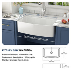 Lordear 33x19x10 Inch Farmhouse Kitchen Sink Single Bowl