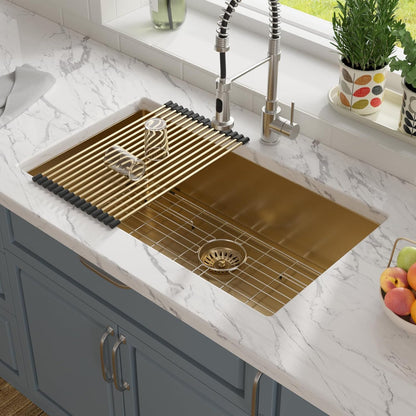 Lordear 32in Undermount Kitchen Sink 32 Inch Kitchen Sink Undermount Matte Gold 16 Gauge Stainless Steel Deep Single Bowl Kitchen Sink Basin Handmade  from Lordear