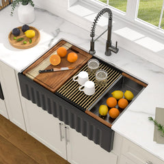 Lordear 33" Black Fireclay Farmhouse Sink Apron Front Double Bowl Workstation Sink