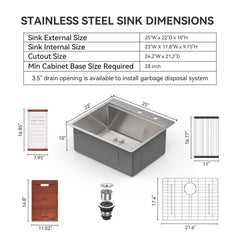 Lordear 25'' Single Bowl Topmount Stainless Steel Workstation Kitchen Sink