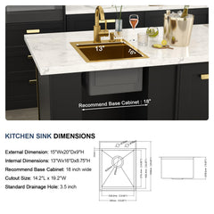 Lordear 15x20 Inch Gold Drop-In Workstation Bar Sink