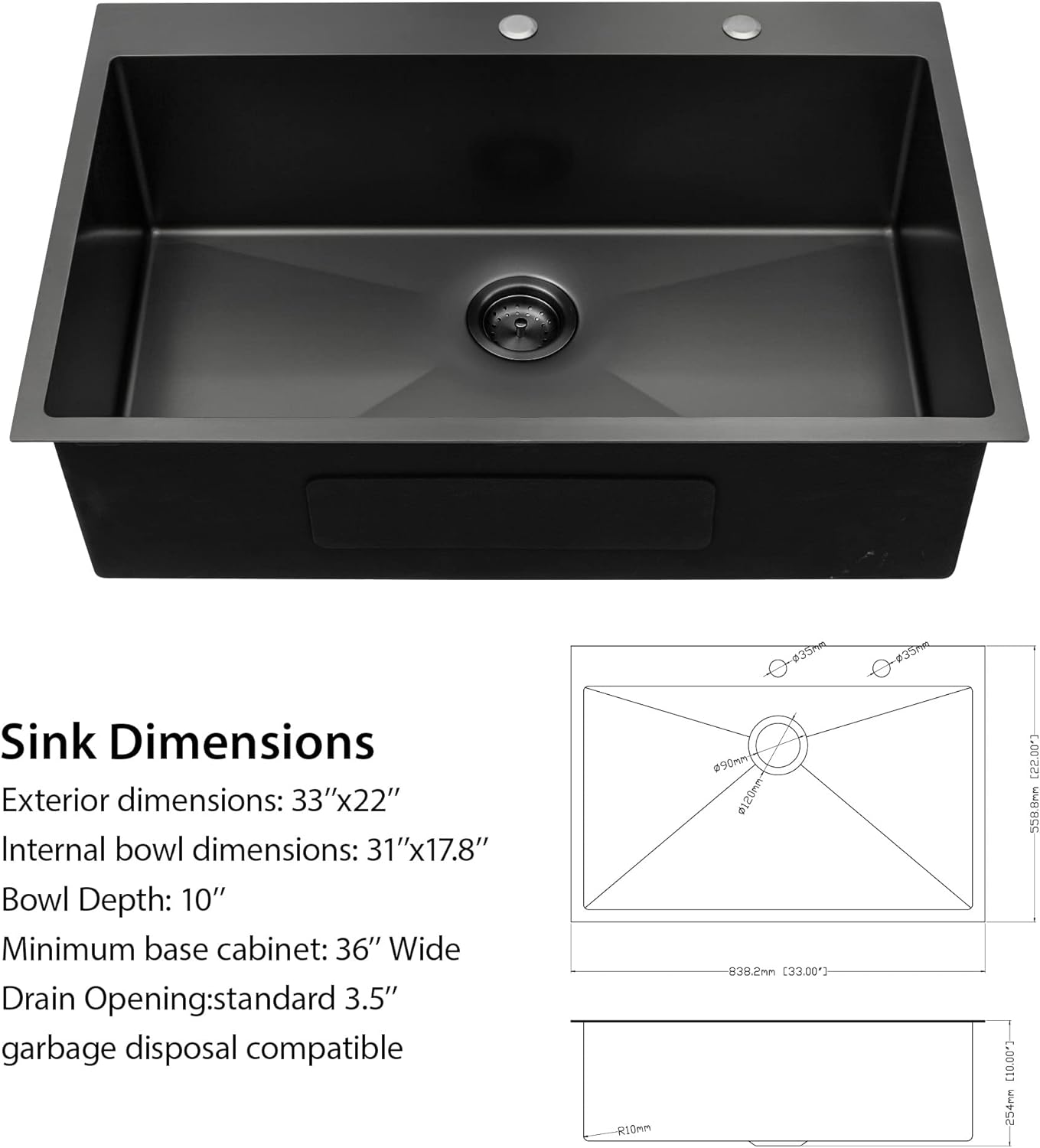 Lordear Stainless Steel Gunmetal Black Drop-in Single Bowl Kitchen Sink