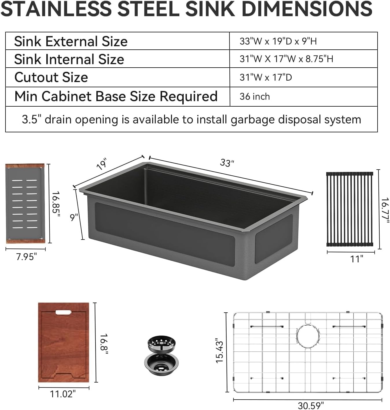 Lordear 33 Inch Black Kitchen Sink Undermount Honeycomb Nano Finish 16 Gauge T304 Stainless Steel Single Bowl Workstation Sink with Cutting Boards Handmade  from Lordear