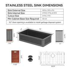 Lordear 33'' Honeycomb Nano Undermount Single Bowl Stainless Steel Workstation Kitchen Sink