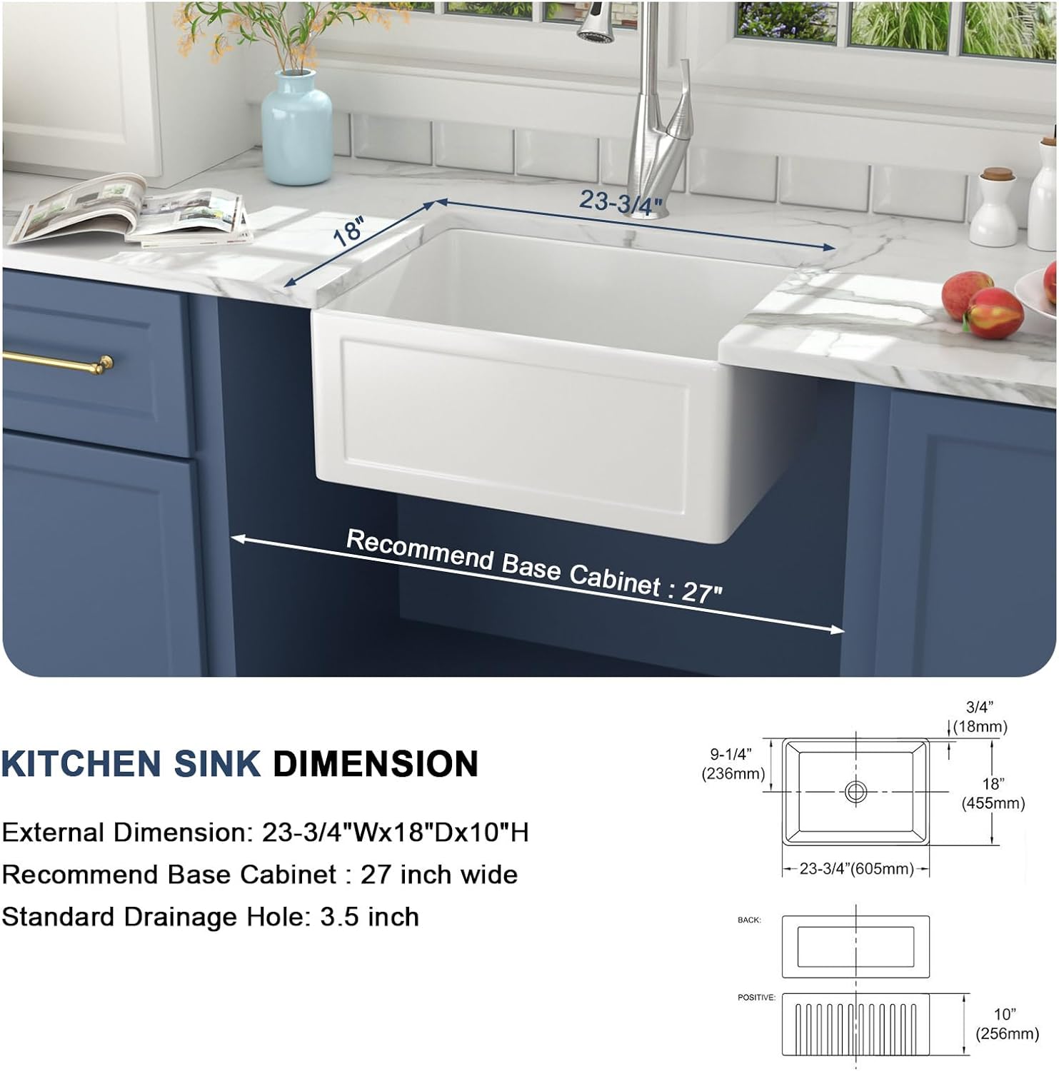 Lordear 24'' x 18'' White Ceramic Apron Front Single Bowl Farmhouse Kitchen Sink  from Lordear