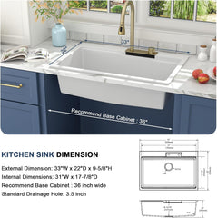 Lordear 33'' x 22'' Quartz Drop-in Waterfall Single Bowl Workstation Kitchen Sink