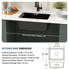 Lordear 22x17x9 Inch Black Granite Composite Undermount Bar Sink