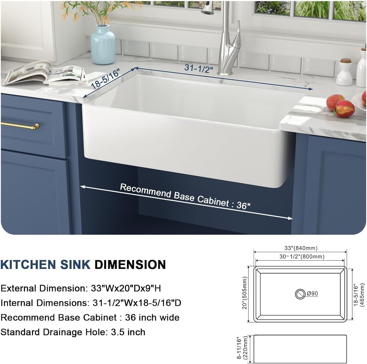 Lordear  Ceramic Apron Front Single Bowl Fireclay Farmhouse Sink