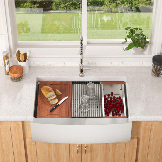 Lordear Single Bowl Workstation Apron Front Stainless Steel Farmhouse Sink