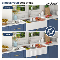 Lordear 30 Inch White Fireclay Workstation Farmhouse Kitchen Sink