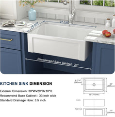 Lordear 30'' Ceramic Porcelain Apron-Front Single Bowl Fireclay Farmhouse Sink