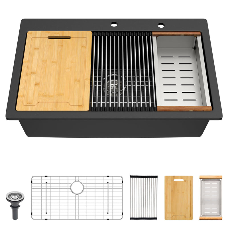 Lordear black granite composite drop-in workstation kitchen sink shown with accessories.