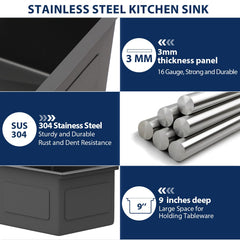 Lordear 15x15 Inch Black Drop-In Workstation Bar Sink