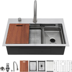 Lordear 31'' Stainless Steel Single Bowl Topmount Waterfall Workstation Kitchen Sink with Pull Out Faucet  from Lordear