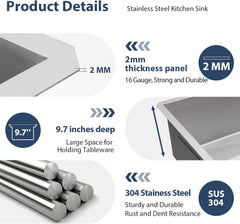 Lordear Stainless Steel Double Bowl Undermount Low Divide Kitchen Sink