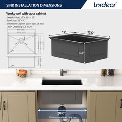 Lordear 25'' Gunmetal Black Stainless Steel Undermount Workstation Kitchen Sink