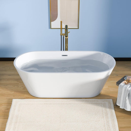 Lordear 67'' White Acrylic Oval Freestanding Soaking Tub with Overflow and Drain