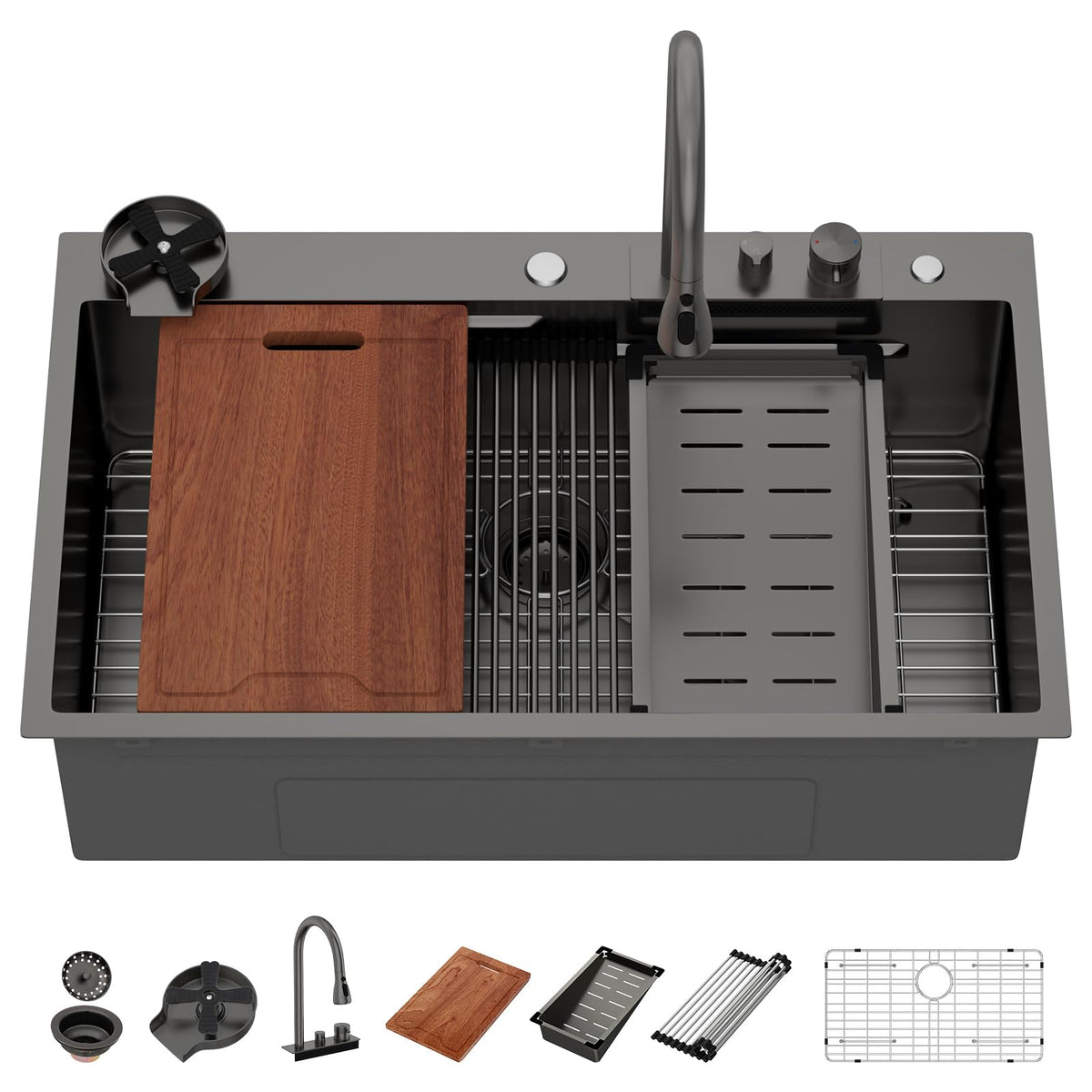 Lordear 36 Inch Black Drop-In Workstation Kitchen Sink