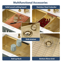 Lordear 28'' Gold Stainless Steel Undermount Workstation Kitchen Sink