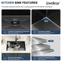 Lordear 28'' Gunmetal Black Stainless Steel Undermount Workstation Kitchen Sink