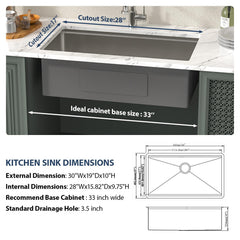 Lordear 30'' Undermount Kitchen Sink Single Bowl With Accessories
