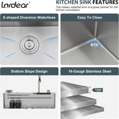 Lordear 33" x 19" Stainless Steel Drop-in Single Bowl Waterfall Workstation Kitchen Sink - Push Button Upgrade