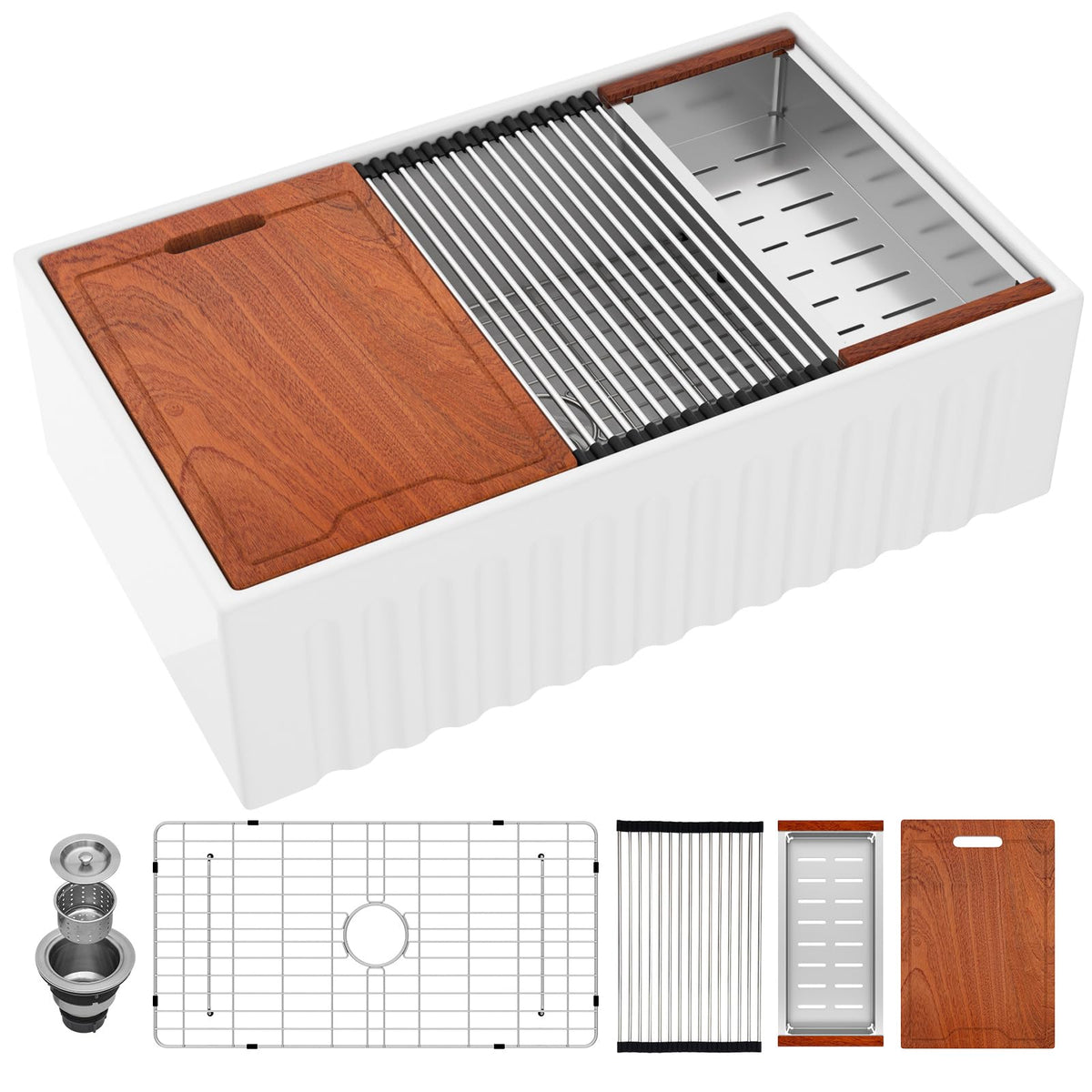 Lordear 33 Inch White Fireclay Workstation Farmhouse Kitchen Sink