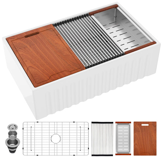 Lordear 33 Inch White Fireclay Workstation Farmhouse Kitchen Sink