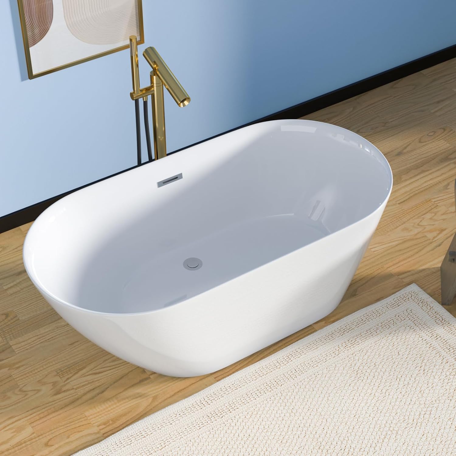 Lordear White Acrylic Freestanding Bath Tub with Overflow and Drain
