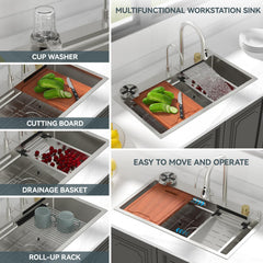Lordear 30 Inch Drop-In Waterfall Workstation Kitchen Sink
