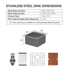 Lordear 18x19 Inch Stainless Steel Undermount Workstation Bar & Prep Sink