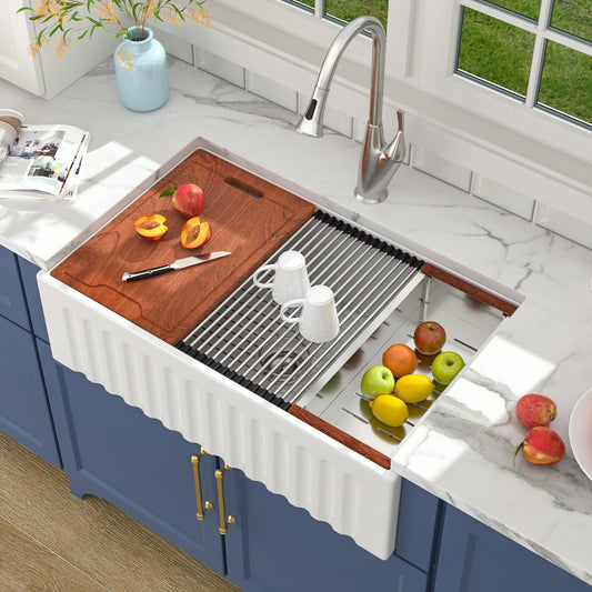 Lordear 33 Inch White Fireclay Workstation Farmhouse Kitchen Sink