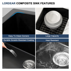 Lordear 18x15x9 Inch Undermount Quartz  Bar Sink Single Bowl