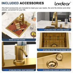 Lordear 13 x 15 x 9 Inch Gold Drop-In Workstation Bar Sink with Faucet