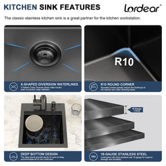 Lordear 13x15 Inch Matte Black Drop-In Workstation Bar Sink