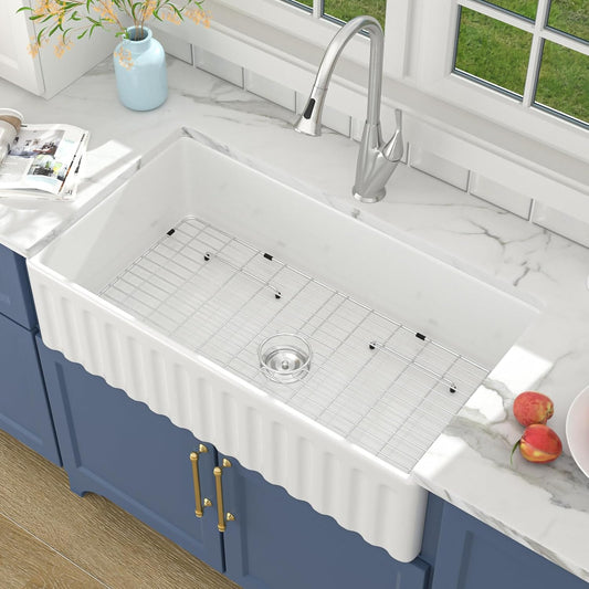 Lordear White Ceramic Apron Front Fireclay Farmhouse Sink