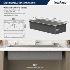 Lordear 39x22 Inch Single Bowl Stainless Steel Drop In Workstation Kitchen Sink with Mixing Bowl