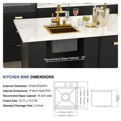 Lordear 13 x 15 x 9 Inch Gold Drop-In Workstation Bar Sink with Faucet