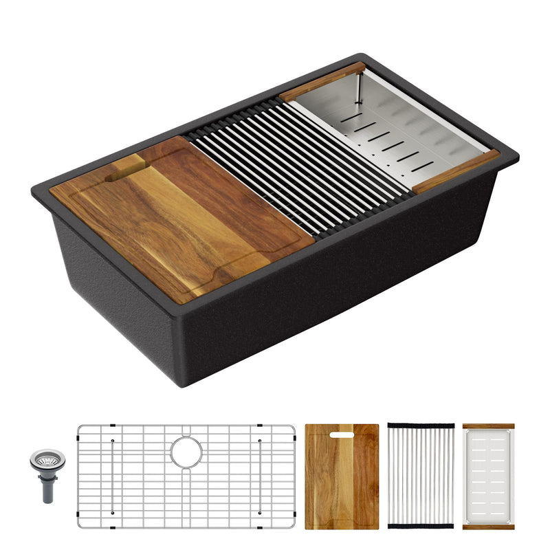 Lordear black composite undermount single-bowl kitchen sink shown with workstation accessories.