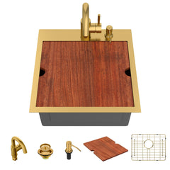 Lordear 18x18 Inch Gold Drop-In Workstation Bar Sink